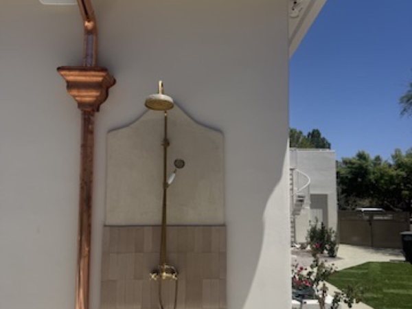 City Seamless half-round gutter with collection box and downspout drainage detail.